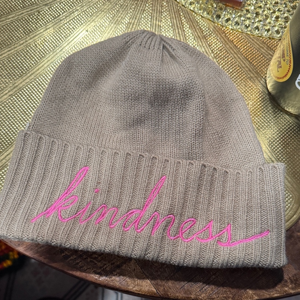 Ellen degeneres Tan Beanie with Pink 'Kindness' Embroidery